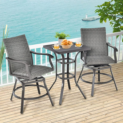 3 Pieces Rattan Swivel Bar Set Aluminum Bar Height Furniture Set Patio High Bistro Sets with Cushion and Bar Table