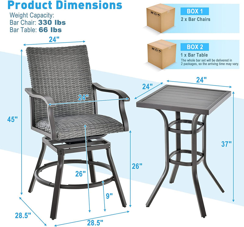 3 Pieces Rattan Swivel Bar Set Aluminum Bar Height Furniture Set Patio High Bistro Sets with Cushion and Bar Table