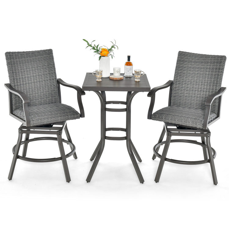 3 Pieces Rattan Swivel Bar Set Aluminum Bar Height Furniture Set Patio High Bistro Sets with Cushion and Bar Table