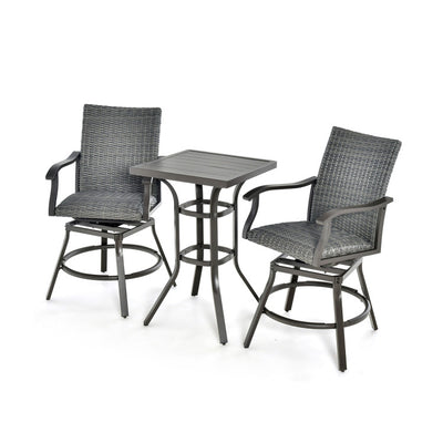 3 Pieces Rattan Swivel Bar Set Aluminum Bar Height Furniture Set Patio High Bistro Sets with Cushion and Bar Table