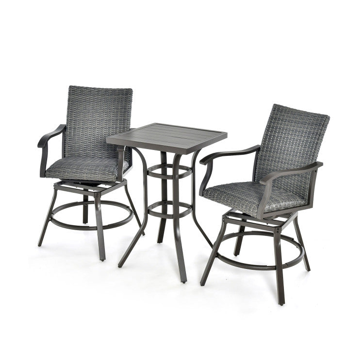 3 Pieces Rattan Swivel Bar Set Aluminum Bar Height Furniture Set Patio High Bistro Sets with Cushion and Bar Table