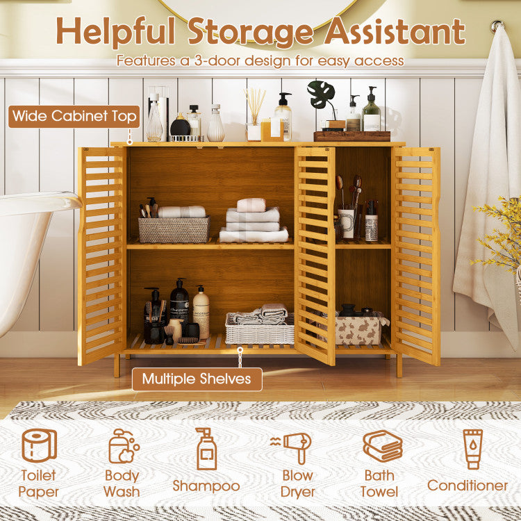 3-Door Bamboo Bathroom Cabinet with Shelves