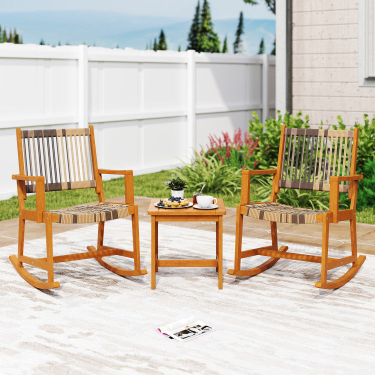 3 Piece Patio Rocking Set Acacia Wood Rocker Bistro Set with Rattan Se ...