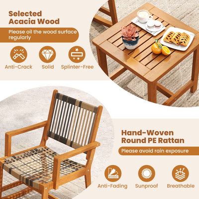 3 Piece Patio Rocking Set Acacia Wood Rocker Bistro Set with Rattan Seat and Back