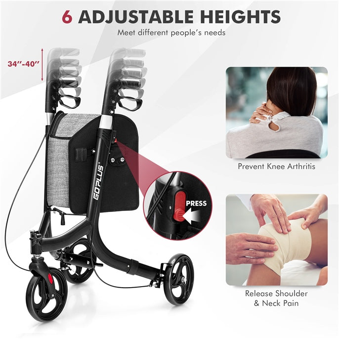 3 Wheel Foldable Rollator Walker with Height Adjustable Handles and Re ...