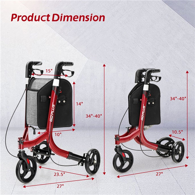 3 Wheel Foldable Rollator Walker with Height Adjustable Handles and  Removable Large Shopping Bag