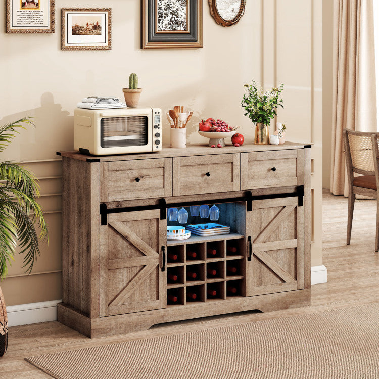52 Inches Wine Bar Cabinet with LED Lights and Sliding Barn Doors