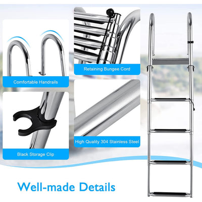 4-Step Stainless Steel Boat Ladder Folding Telescoping Pontoon Rear Ladder with Pedal Handrail for Yacht Boat Dock