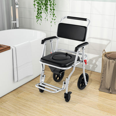 4-in-1 Multi-purpose Bedside Commode Toilet Chair Foldable Aluminum Shower Wheelchair with Footrest and Removable Bucket