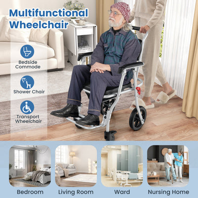 4-in-1 Multi-purpose Bedside Commode Toilet Chair Foldable Aluminum Shower Wheelchair with Footrest and Removable Bucket