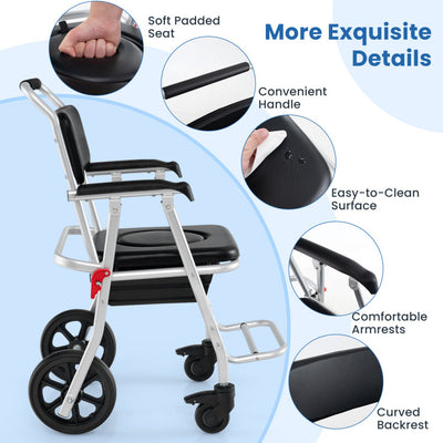 4-in-1 Multi-purpose Bedside Commode Toilet Chair Foldable Aluminum Shower Wheelchair with Footrest and Removable Bucket
