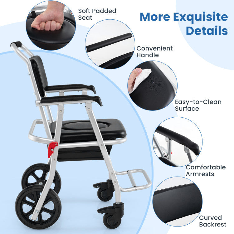 4-in-1 Multi-purpose Bedside Commode Toilet Chair Foldable Aluminum Shower Wheelchair with Footrest and Removable Bucket