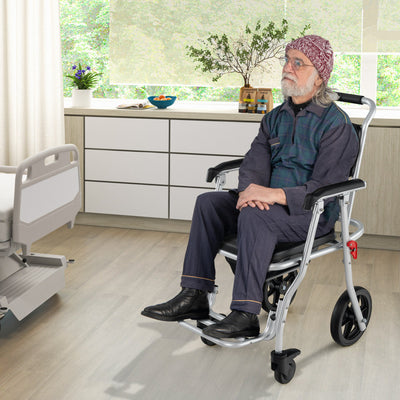4-in-1 Multi-purpose Bedside Commode Toilet Chair Foldable Aluminum Shower Wheelchair with Footrest and Removable Bucket