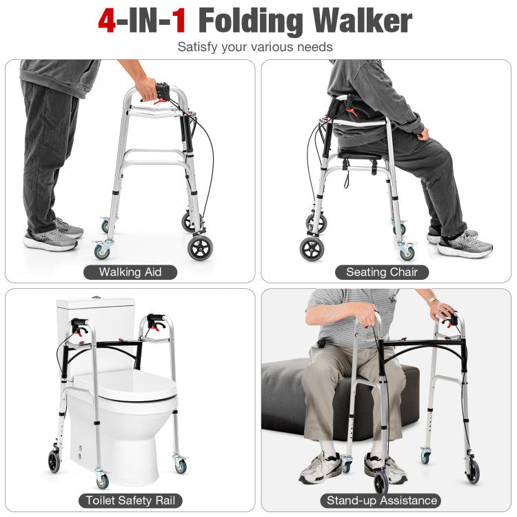 4-in-1 Folding Rolling Walker Height Adjustable Stand-Up Walkers Medical Walking Mobility Aid with Wheels and Brakes for Seniors