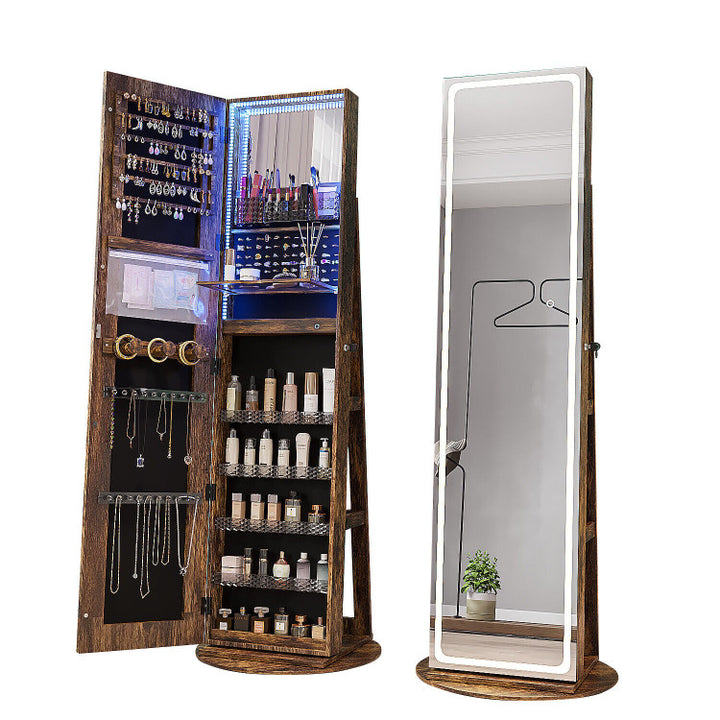 4-in-1 Freestanding Jewelry Cabinet 360° Swivel Standing Jewelry Armoire Organizer with Lockable Door and Foldable Makeup Shelf
