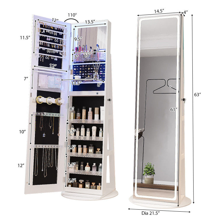 4-in-1 Freestanding Jewelry Cabinet 360° Swivel Standing Jewelry Armoire Organizer with Lockable Door and Foldable Makeup Shelf