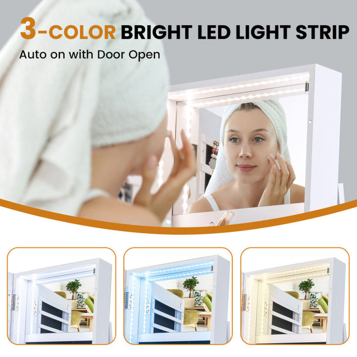 4-in-1 Freestanding Jewelry Cabinet 360° Swivel Standing Jewelry Armoire Organizer with Lockable Door and Foldable Makeup Shelf
