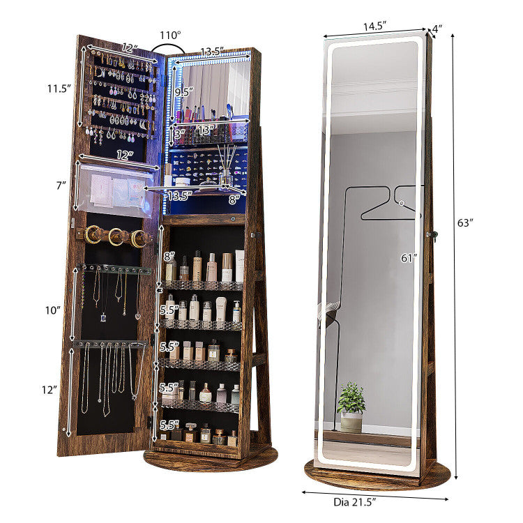 4-in-1 Freestanding Jewelry Cabinet 360° Swivel Standing Jewelry Armoire Organizer with Lockable Door and Foldable Makeup Shelf