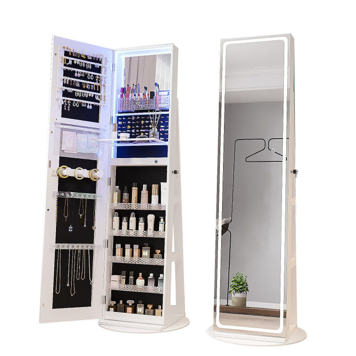 4-in-1 Freestanding Jewelry Cabinet 360° Swivel Standing Jewelry Armoire Organizer with Lockable Door and Foldable Makeup Shelf