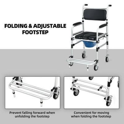 4-in-1 Lightweight Aluminum Wheelchair Toilet Commode Shower Chair with Adjustable Height and Folding Pedal