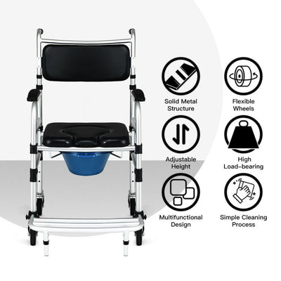 4-in-1 Lightweight Aluminum Wheelchair Toilet Commode Shower Chair with Adjustable Height and Folding Pedal