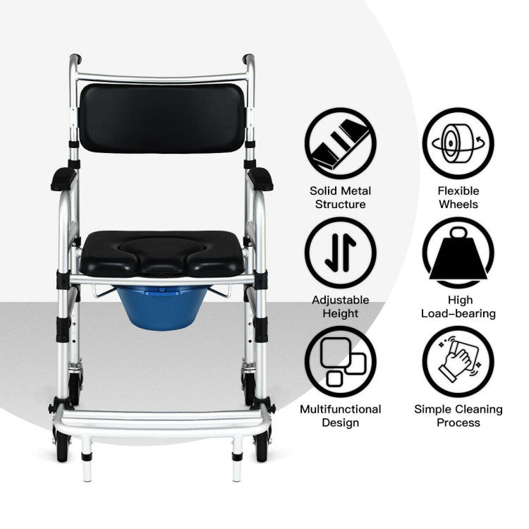 4-in-1 Lightweight Aluminum Wheelchair Toilet Commode Shower Chair with Adjustable Height and Folding Pedal