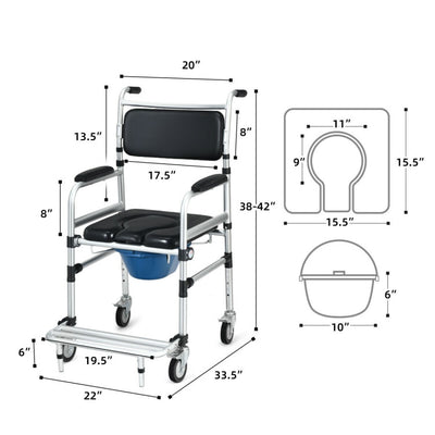 4-in-1 Lightweight Aluminum Wheelchair Toilet Commode Shower Chair with Adjustable Height and Folding Pedal
