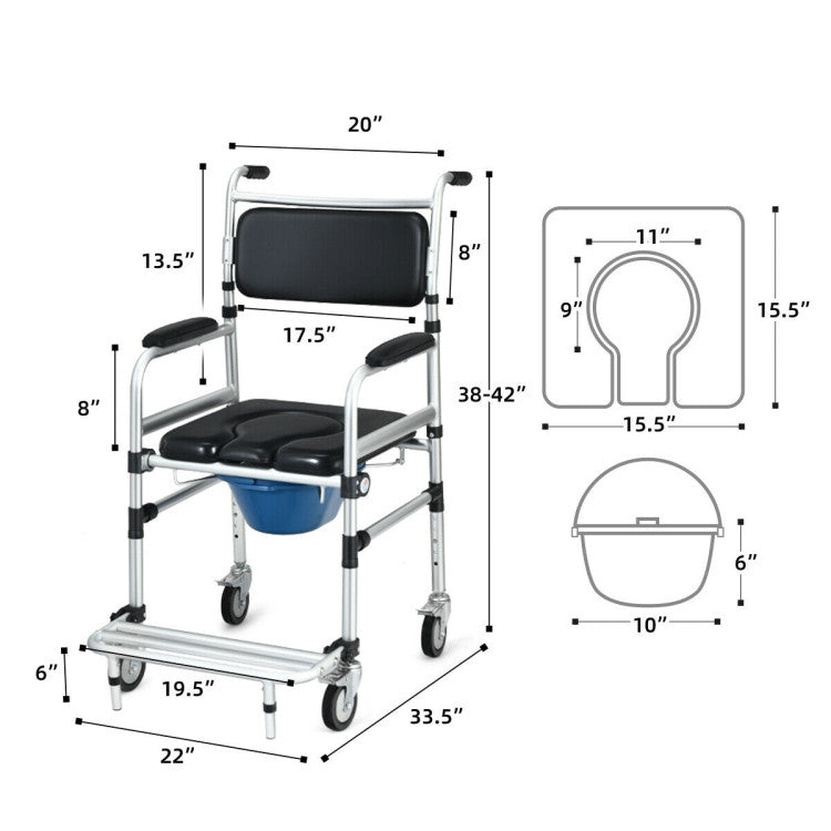 4-in-1 Lightweight Aluminum Wheelchair Toilet Commode Shower Chair with Adjustable Height and Folding Pedal