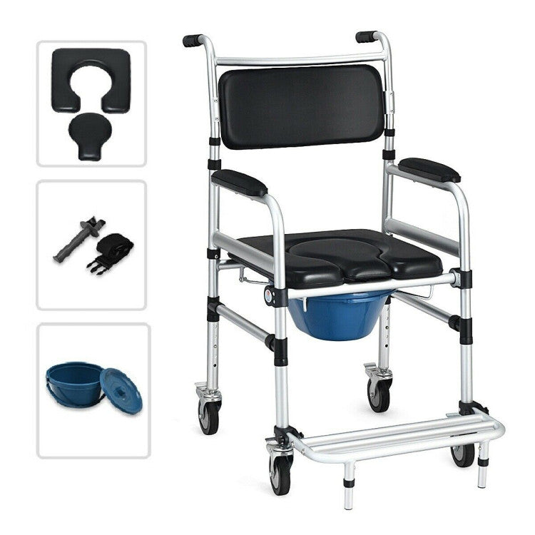 4-in-1 Lightweight Aluminum Wheelchair Toilet Commode Shower Chair with Adjustable Height and Folding Pedal