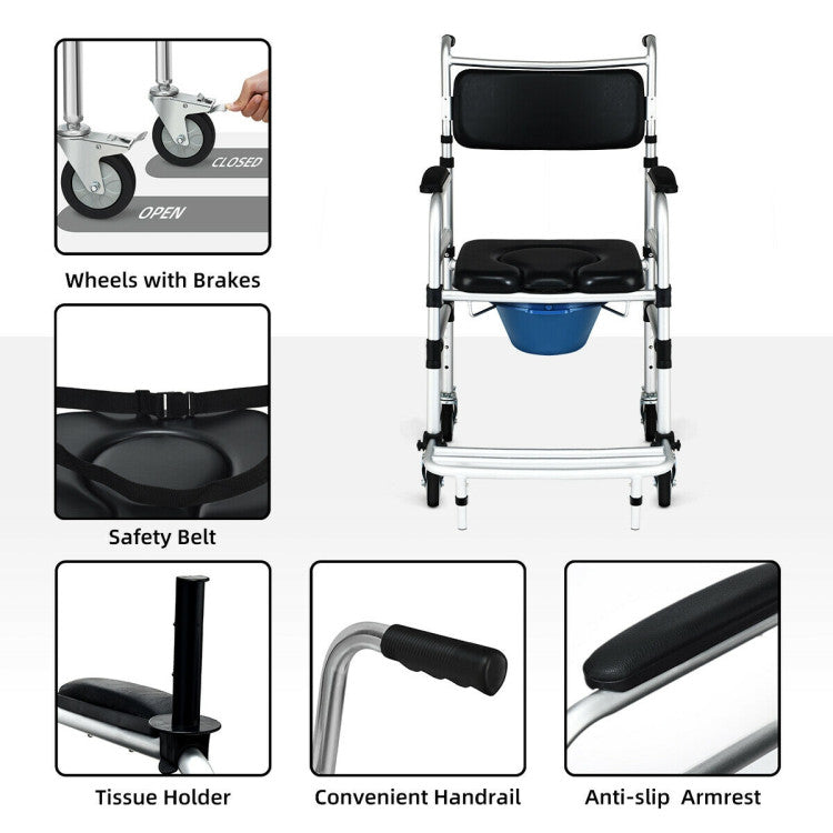 4-in-1 Lightweight Aluminum Wheelchair Toilet Commode Shower Chair with Adjustable Height and Folding Pedal