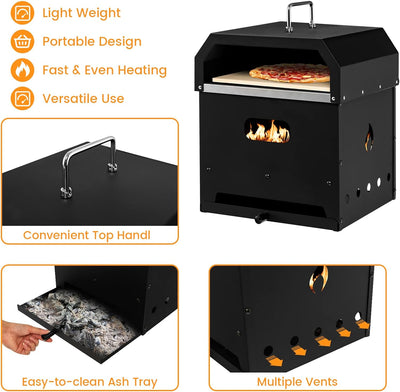 4-in-1 Outdoor Pizza Oven Portable Wood Fired Grill Combo Fire Pit with 12 Inch Pizza Stone and Water-Proof Cover