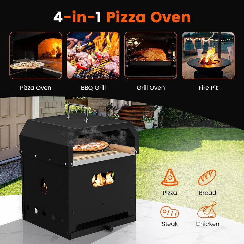 4-in-1 Outdoor Pizza Oven Portable Wood Fired Grill Combo Fire Pit with 12 Inch Pizza Stone and Water-Proof Cover