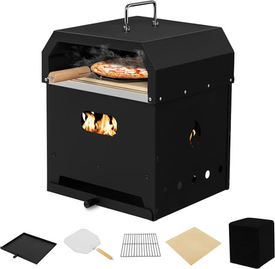 4-in-1 Outdoor Pizza Oven Portable Wood Fired Grill Combo Fire Pit with 12 Inch Pizza Stone and Water-Proof Cover