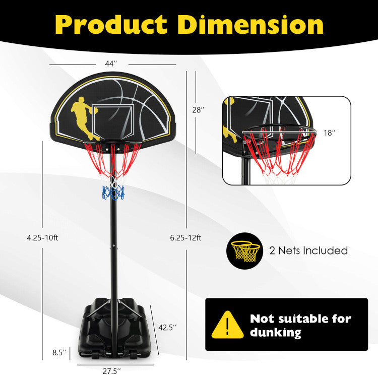 4.25-10FT 12-Level Adjustable Basketball Goal Portable Basketball Hoop Outdoor Basketball Stand System with Shatterproof Backboard