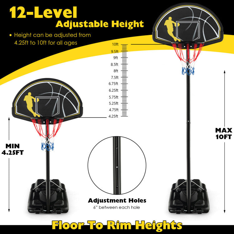 4.25-10FT 12-Level Adjustable Basketball Goal Portable Basketball Hoop Outdoor Basketball Stand System with Shatterproof Backboard