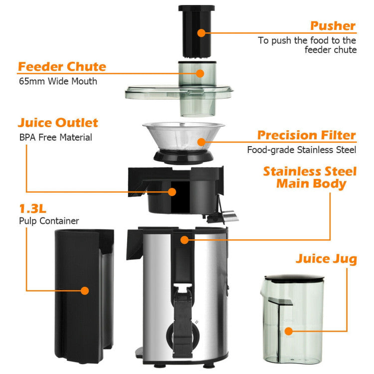 400W Masticating Juicer Machines Stainless Steel Centrifugal Juicer Extractor with Dual Speed Control and Safety Lock Unit