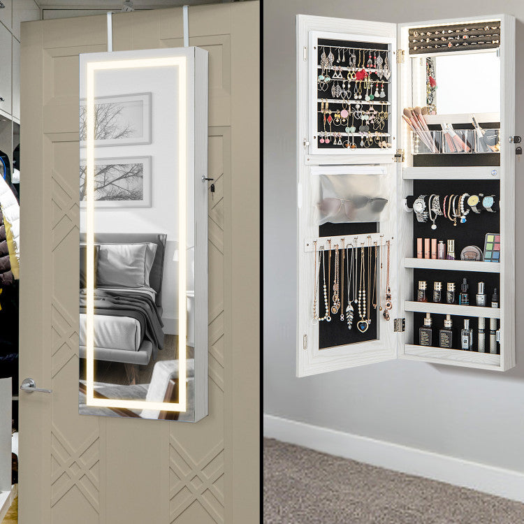 42.5 Inches Lockable Jewelry Mirror Wall Cabinet with 3-Color LED Lights