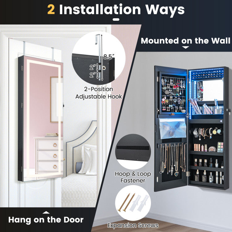 42.5 Inches Lockable Jewelry Mirror Wall Cabinet with 3-Color LED Lights