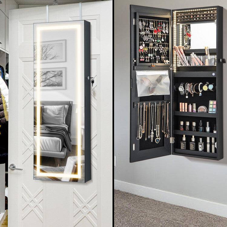 42.5 Inches Lockable Jewelry Mirror Wall Cabinet with 3-Color LED Lights