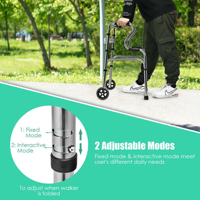440LBS Heavy-Duty Folding Walker Adjustable H-shaped Walking Helper Portable Medical Walker with Wheels and Bi-Level Armrests