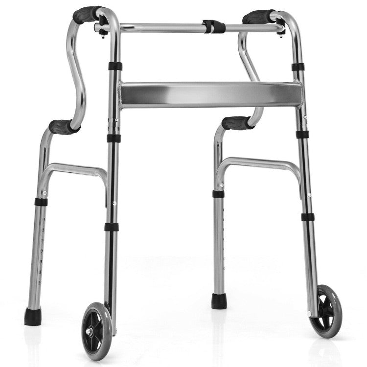 440LBS Heavy-Duty Folding Walker Adjustable H-shaped Walking Helper Portable Medical Walker with Wheels and Bi-Level Armrests