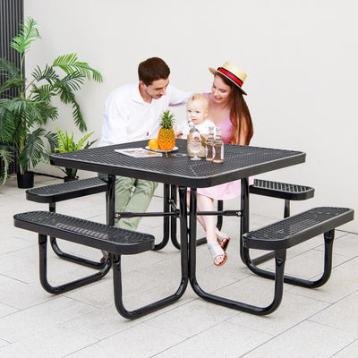 46" Square Picnic Table and Bench Set Outdoor Coated Steel Camping Table with Seats and Umbrella Hole for 8 Person