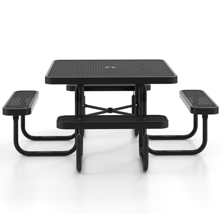 46" Square Picnic Table and Bench Set Outdoor Coated Steel Camping Table with Seats and Umbrella Hole for 8 Person