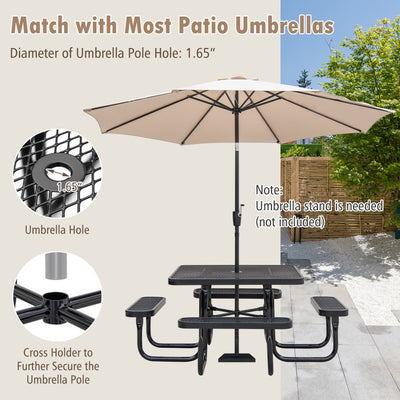 46" Square Picnic Table and Bench Set Outdoor Coated Steel Camping Table with Seats and Umbrella Hole for 8 Person