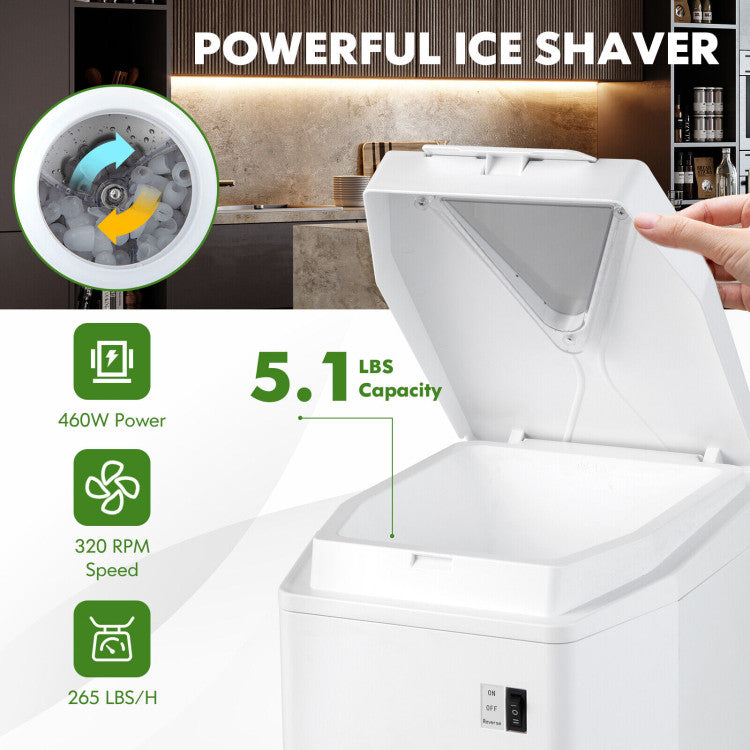 460W Electric Countertop Ice Crusher 265 Lbs/H Snow Cone Maker Shaved Ice Hopper Machine with Adjustable Ice Fineness and Removable Tray