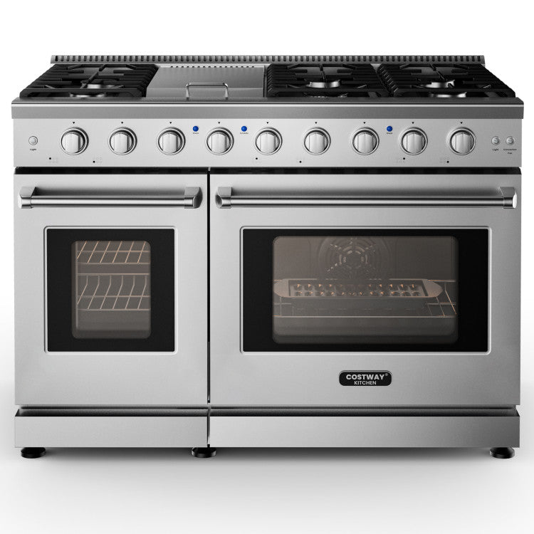 48 Inch All Gas Double Oven Freestanding Natural Gas Range with Stainless Steel Cast Iron Grates and Storage Drawer