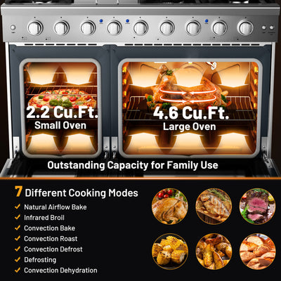 48 Inch All Gas Double Oven Freestanding Natural Gas Range with Stainless Steel Cast Iron Grates and Storage Drawer