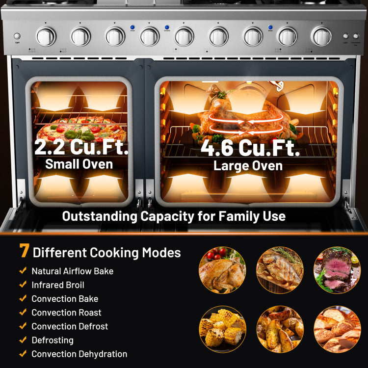 48 Inch All Gas Double Oven Freestanding Natural Gas Range with Stainless Steel Cast Iron Grates and Storage Drawer