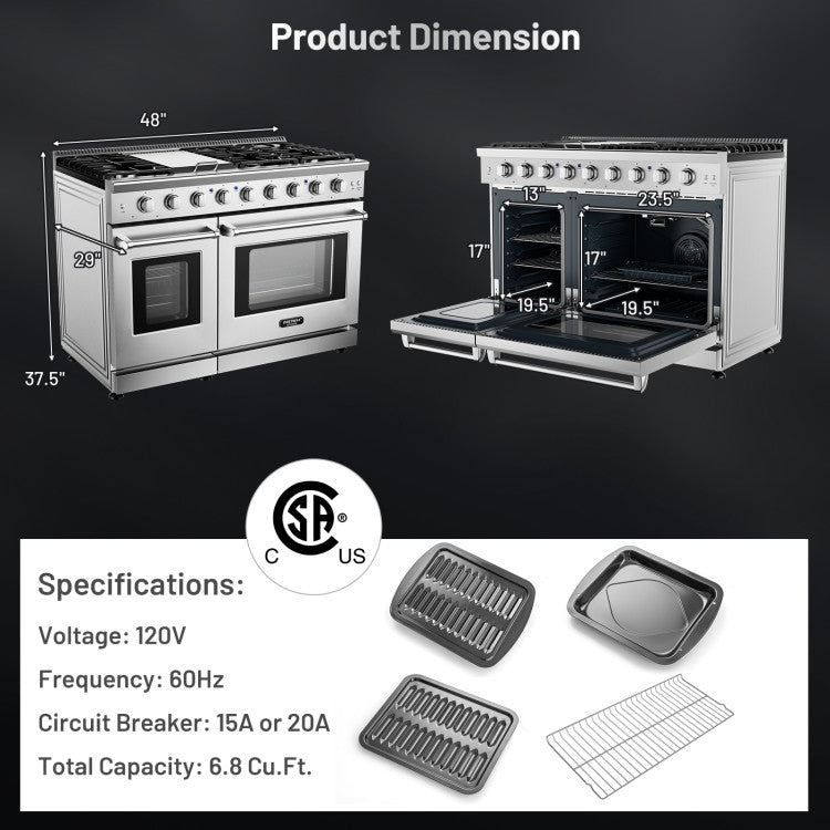 48 Inch All Gas Double Oven Freestanding Natural Gas Range with Stainless Steel Cast Iron Grates and Storage Drawer