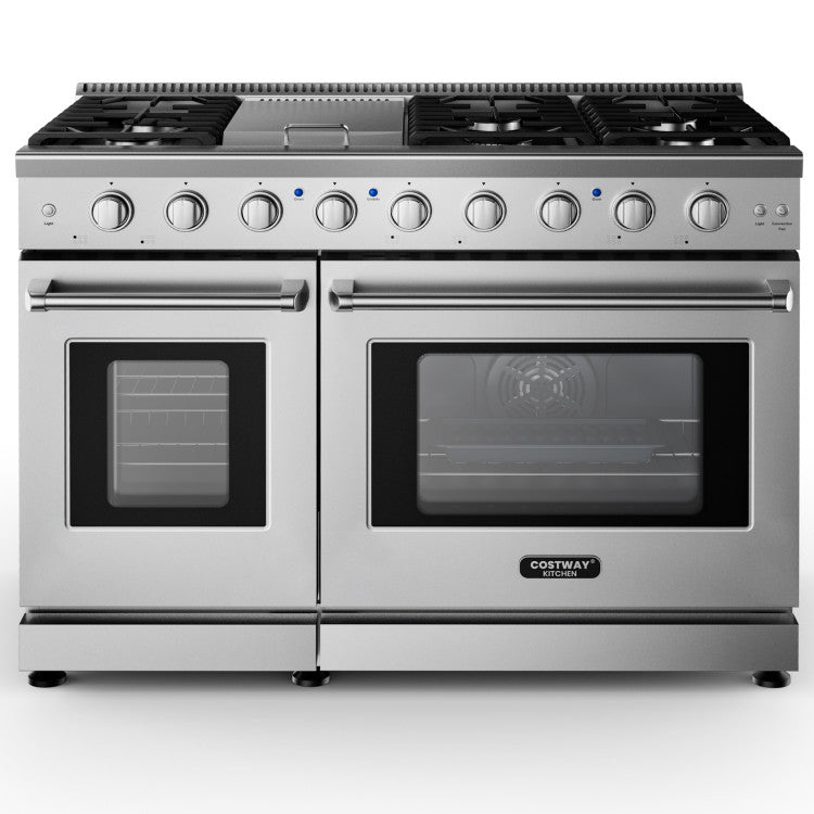 48 Inch All Gas Double Oven Freestanding Natural Gas Range with Stainless Steel Cast Iron Grates and Storage Drawer